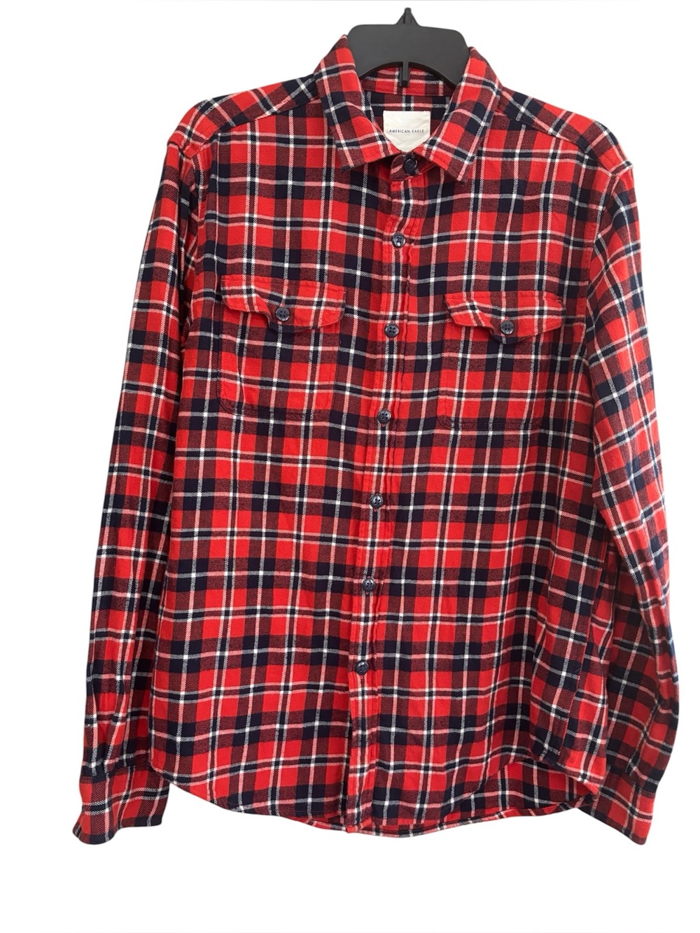 American Eagle Plaid Flannel Shirt Orange Navy Striped size Medium